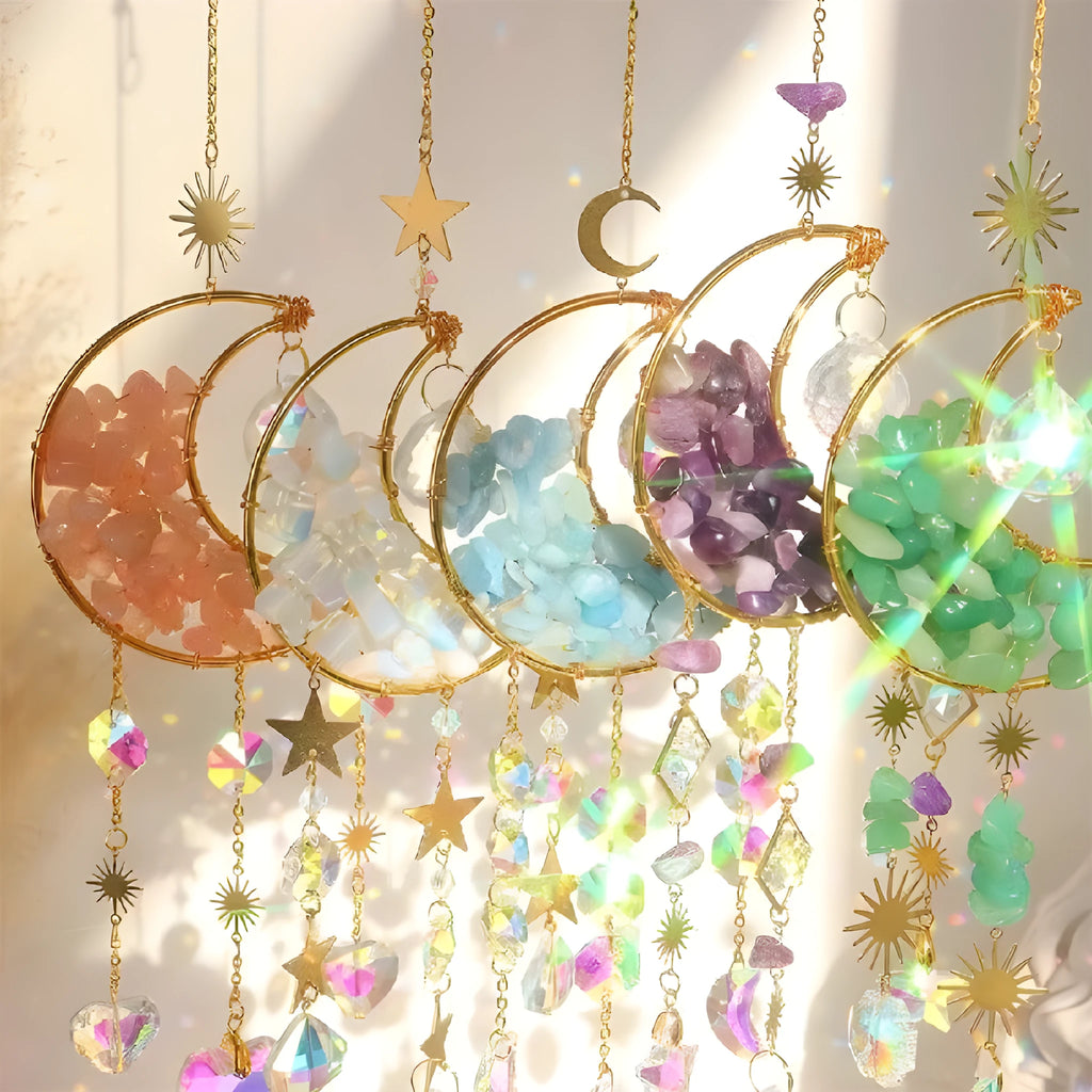K9 crystal moon car pendant on a 420mm cord in blue, green, pink, purple, or white