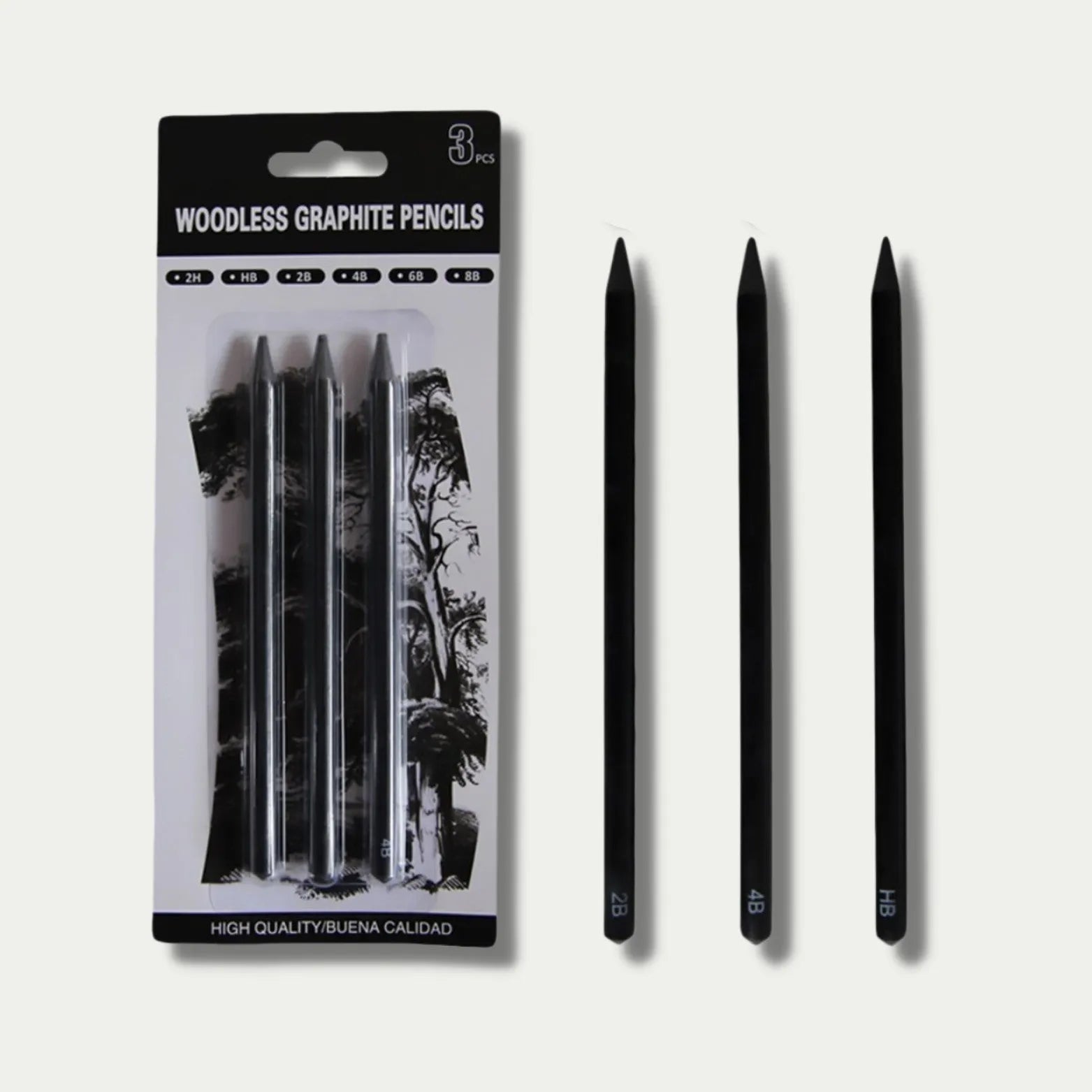 Set of wood-free graphite sketching pencils in six hardness grades for drawing and art