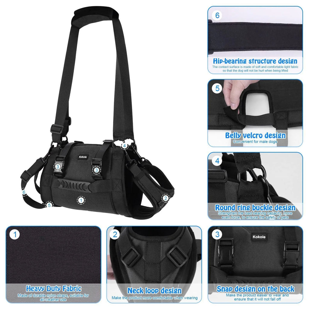 Black Oxford cloth dog harness with leg support shown in L, M, XL, and XXL sizes
