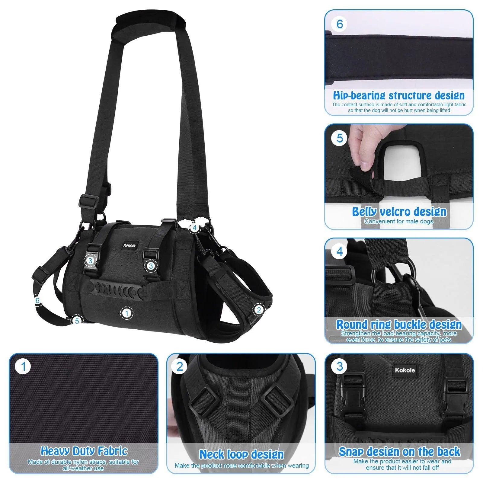 Black Oxford cloth dog harness with leg support shown in L, M, XL, and XXL sizes