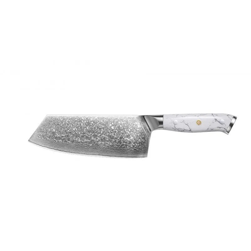Damascus pattern chef's knife with 21cm blade and 11cm handle showing modern simple design