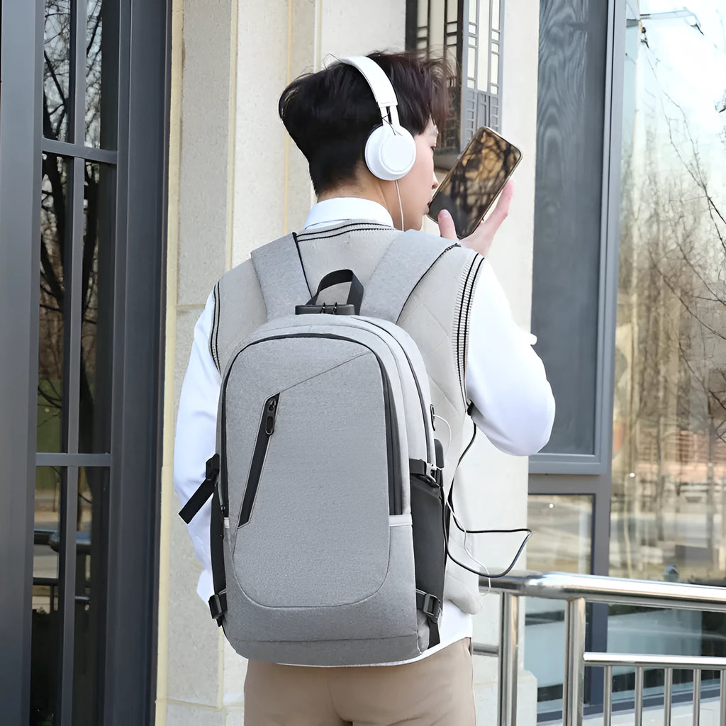 Oxford cloth computer backpack in blue colour showing front view with street trend styling
