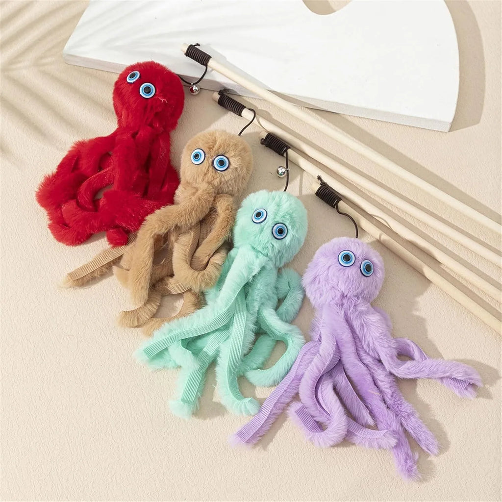Octopus-shaped cat toy with long 40cm stick, feathers, and safety eyes in bright colours