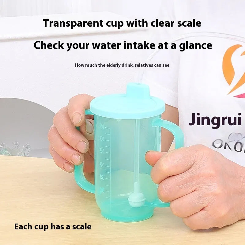 Oblique mouth bedside drinking cup with handle and lid for elderly and pregnant women
