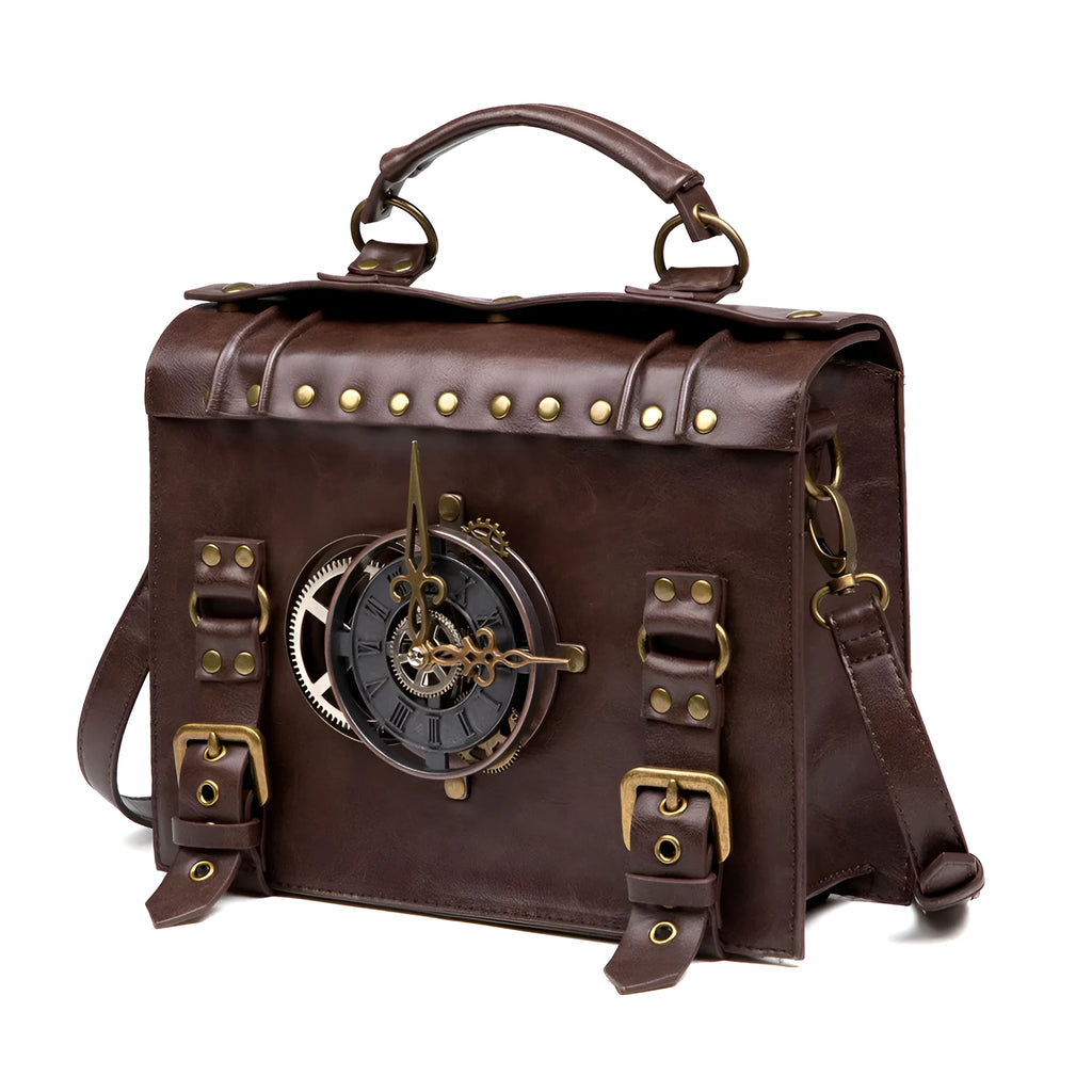 Bronze steampunk industrial retro shoulder bag with metal hardware and square pillow shape