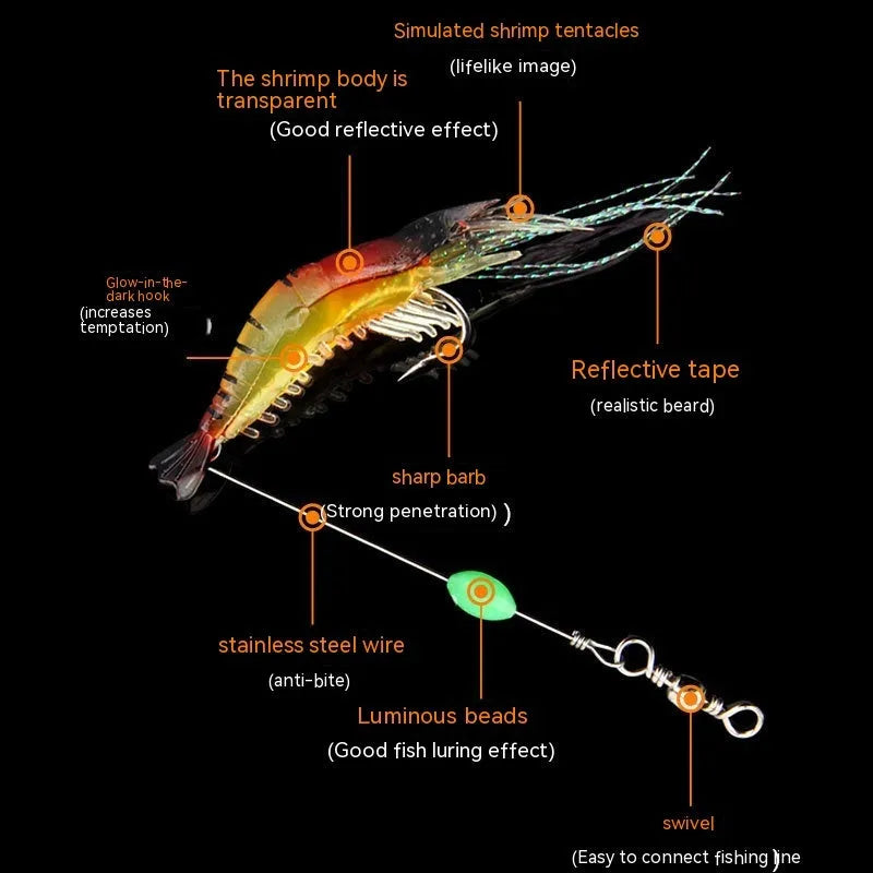 Pack of six soft fishing lures with hooks in various colours including luminous pink and black head yellow body.