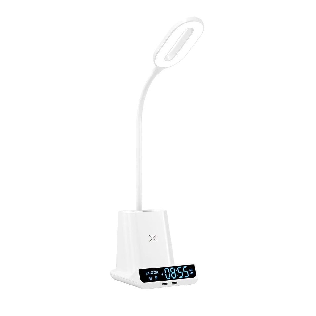 Black wireless charging desk lamp with built-in storage box and pen holder compartments.