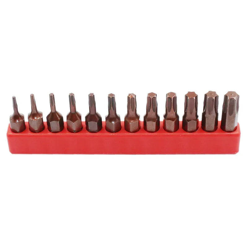 12-piece steel screwdriver bit set T6 to T40 with magnetic tips and black finish