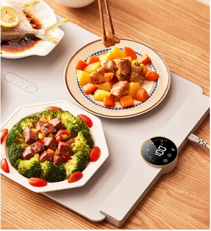 Elegant grey silicone flexible foldable warm chopping board with digital display and adjustable temperature control for kitchen food insulation