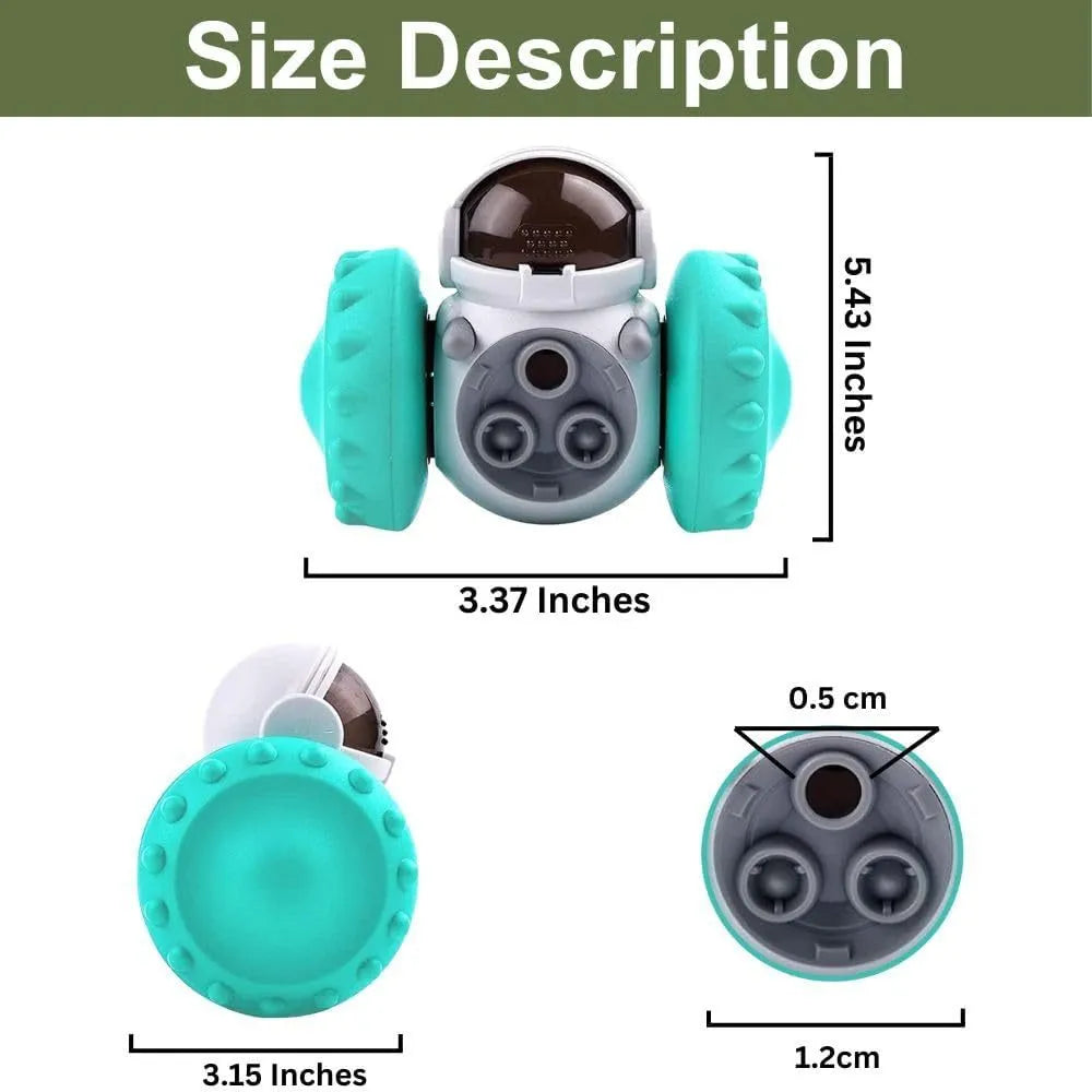 Robot-shaped self-balancing dog treat tumbler toy for small pets on a floor.
