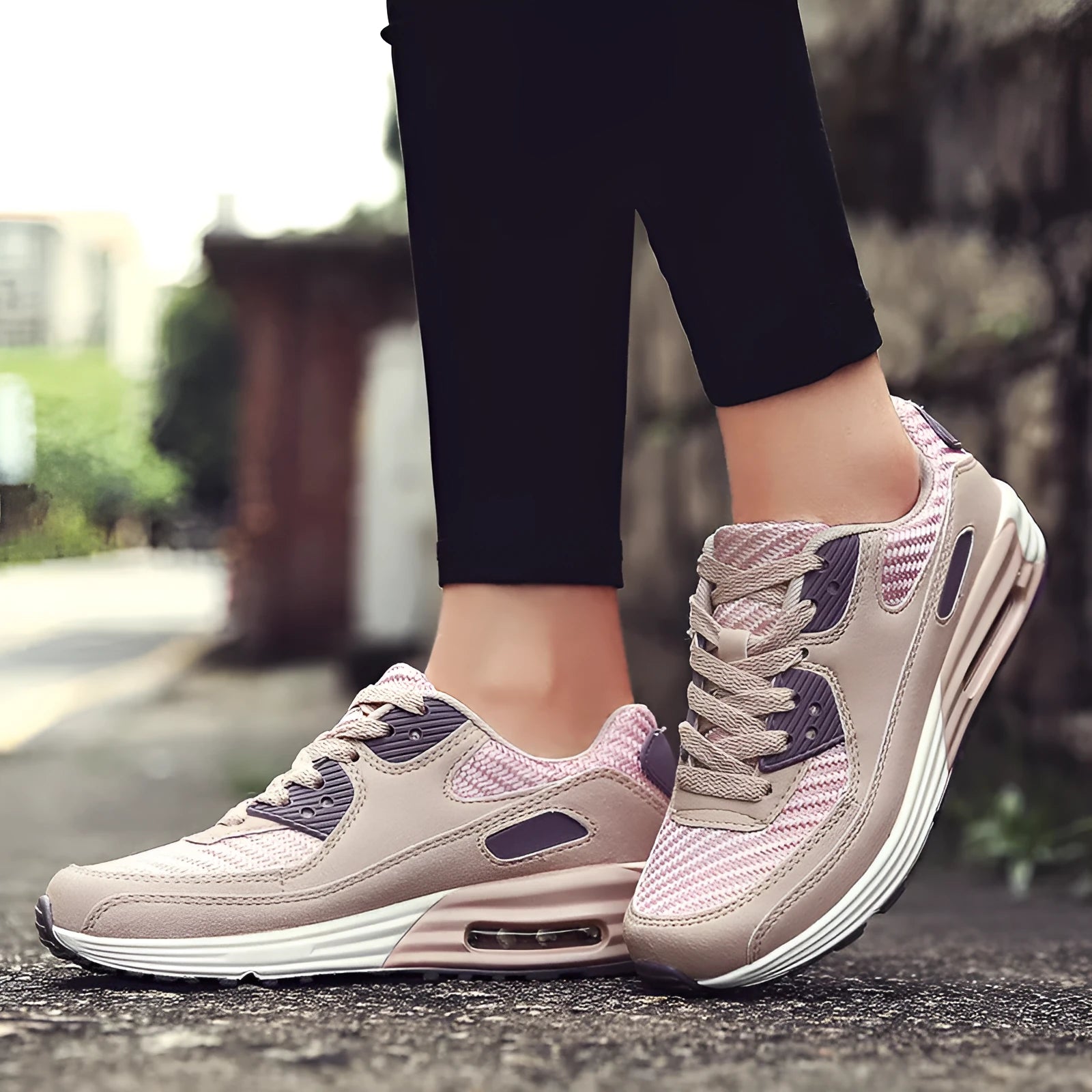 Women's casual shoes with a low heel in beige, grey, and pink colour options showing size chart.