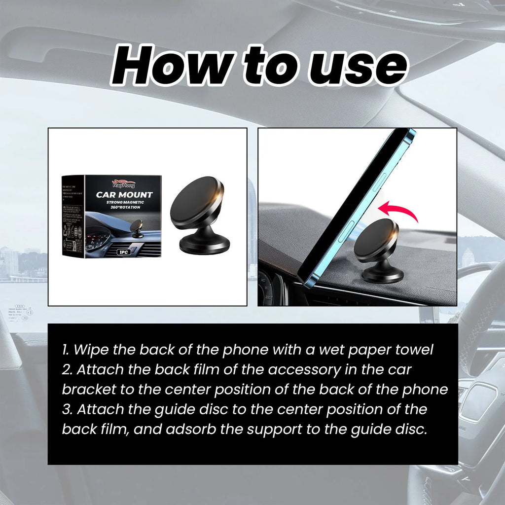 Magnetic car foldable phone holder in black ABS with dimensions 3.2x3.5cm on a car dashboard