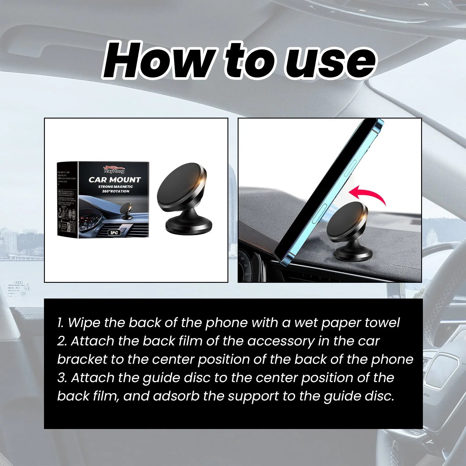 Magnetic car foldable phone holder in black ABS with dimensions 3.2x3.5cm on a car dashboard