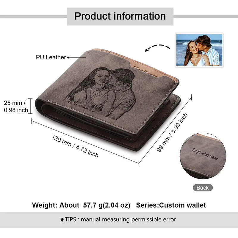 Coffee brown horizontal PU leather wallet with personalised photo engraving on the front, showing seven card slots inside.