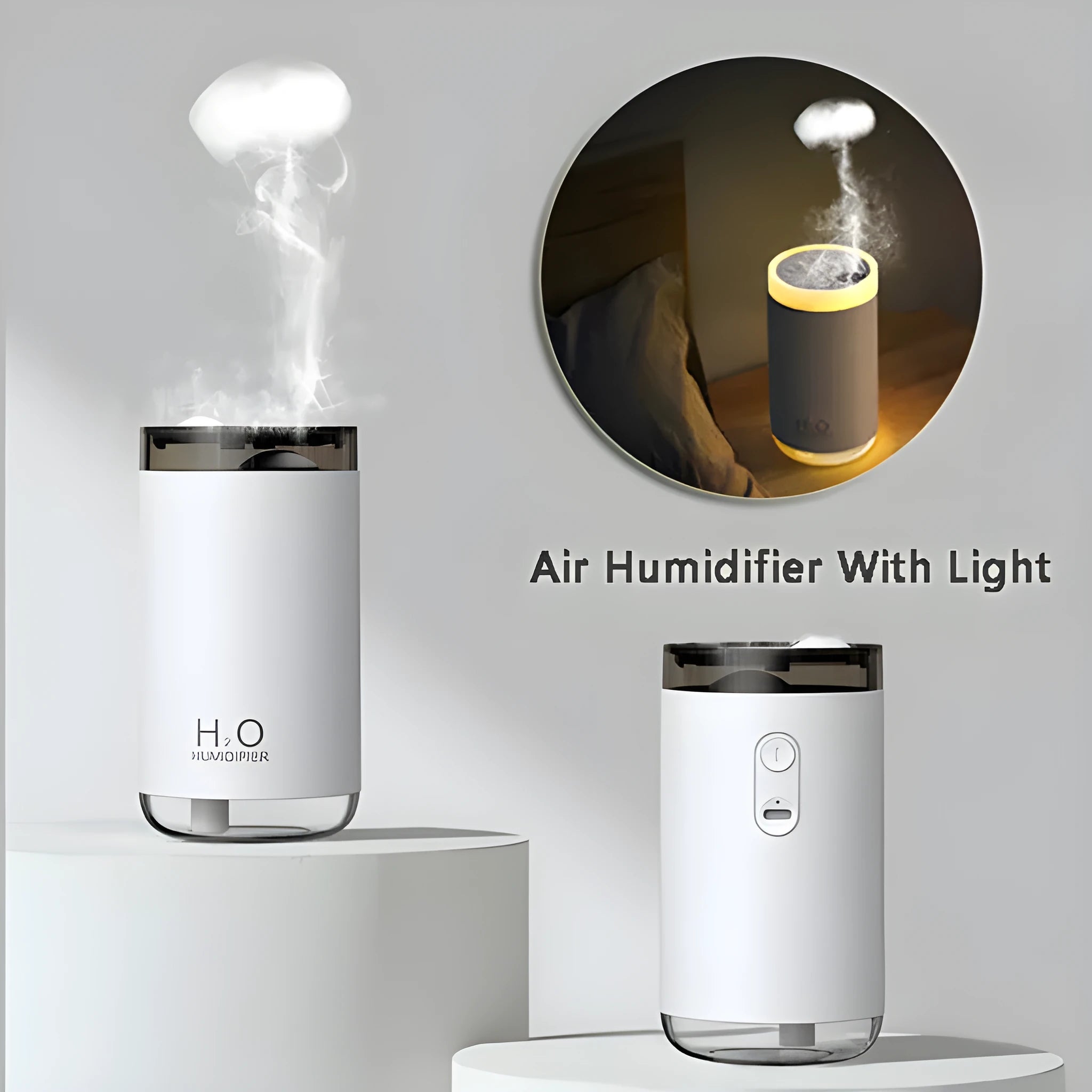 White jellyfish USB humidifier with night light on wooden surface showing mist output
