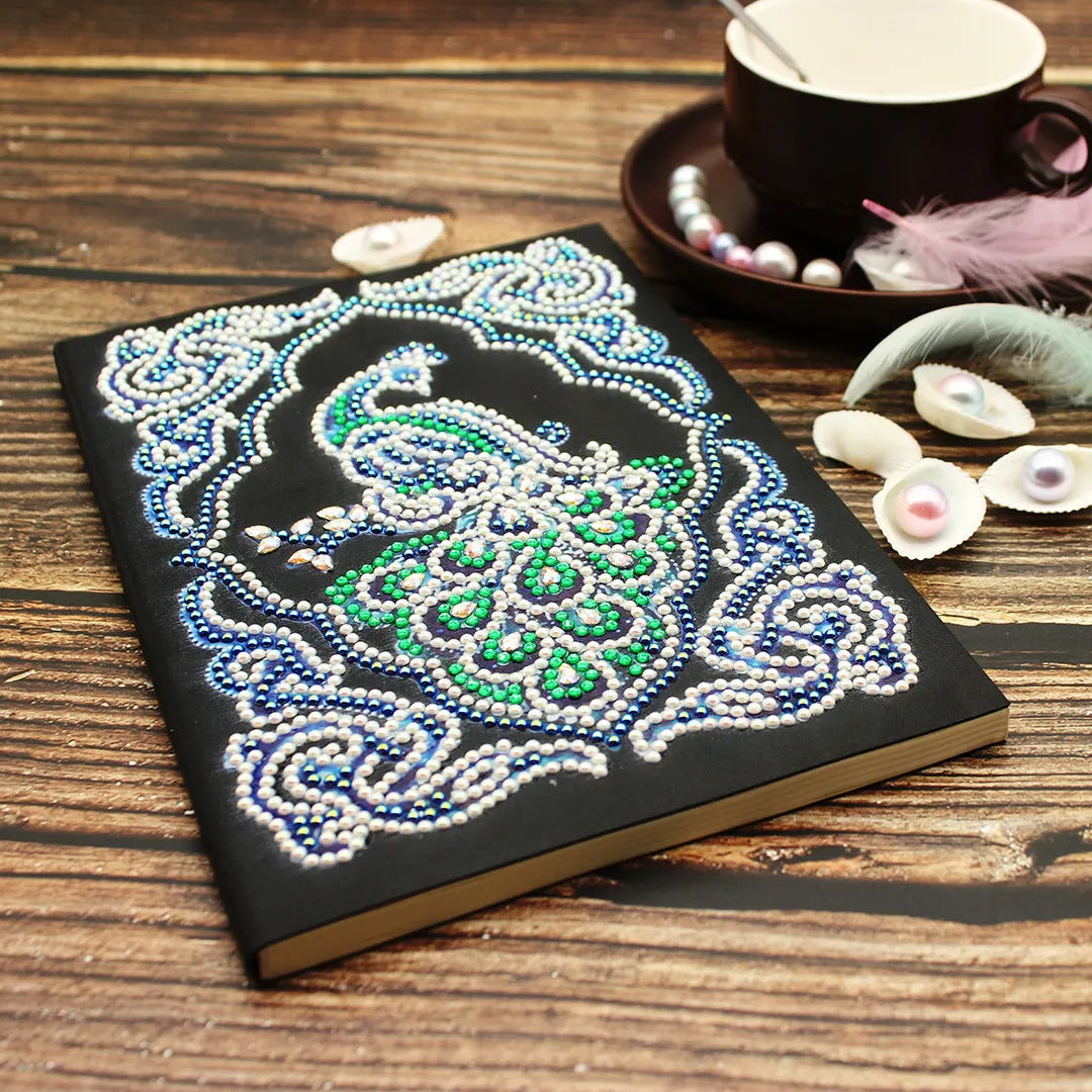 Black A5 diamond painting notebook with peacock theme design for craft project organisation