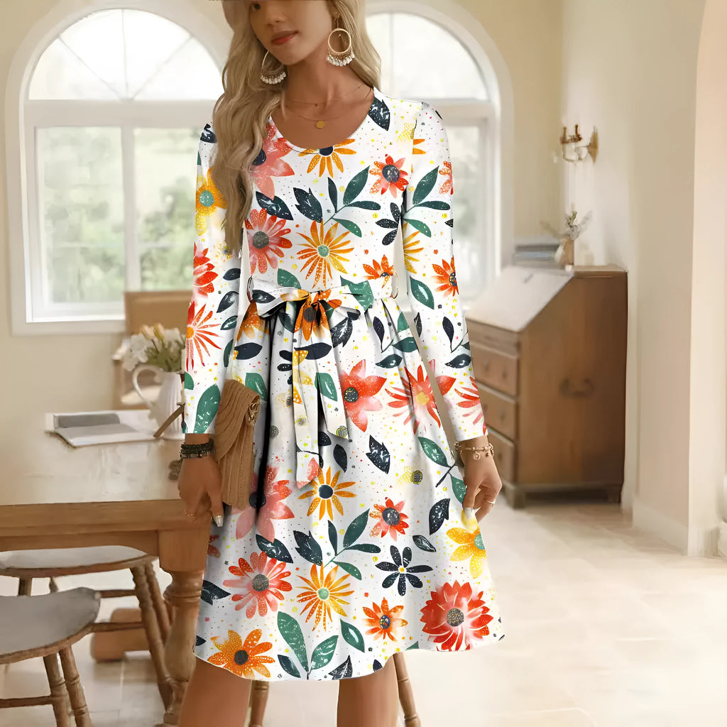 Round neck long sleeve mid-waist printed polyester dress for women, pullover style, available in multiple sizes