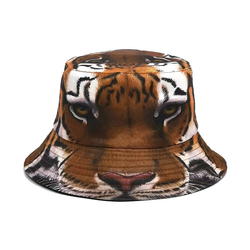 Tiger pattern bucket hat with dome crown in khaki and black colour options