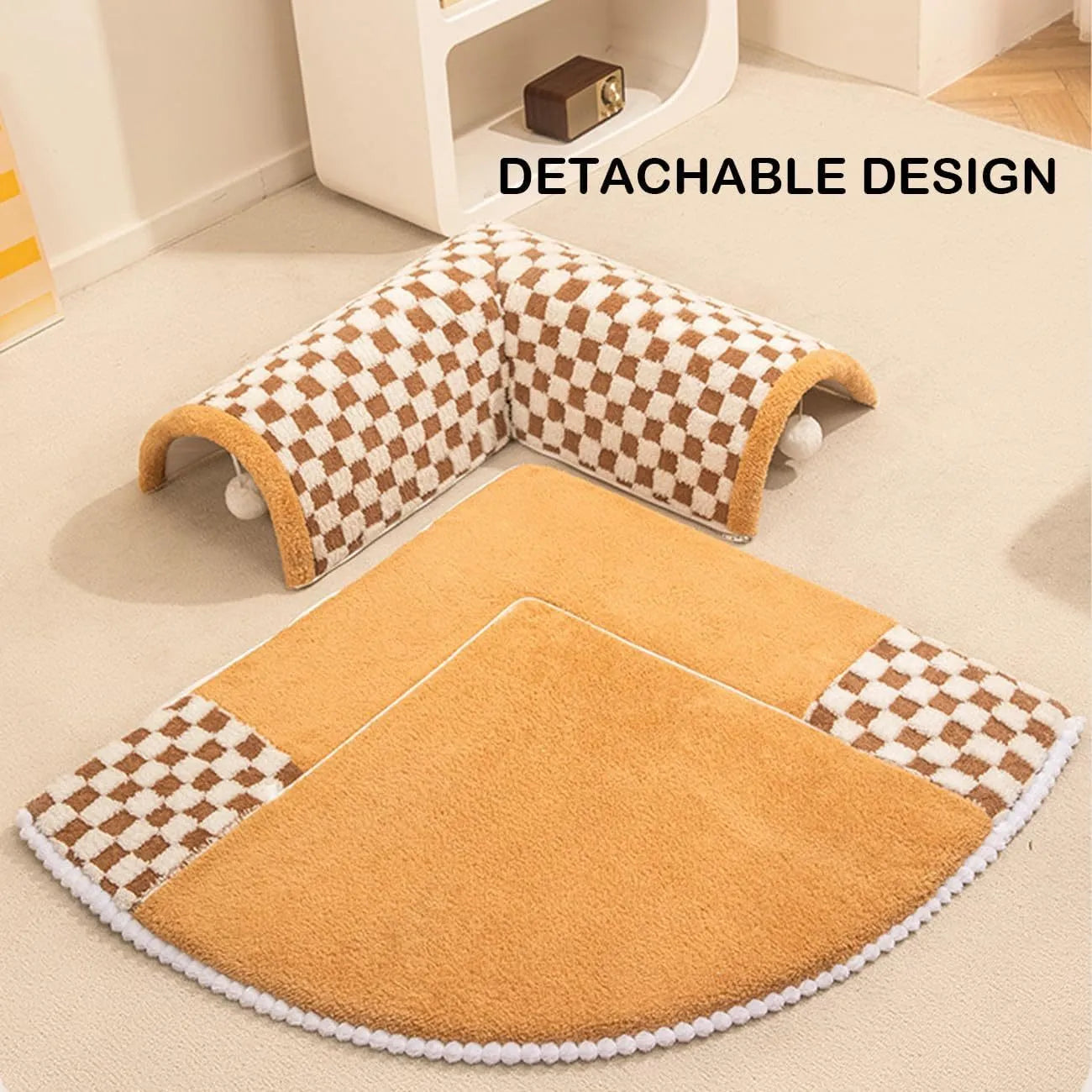 Fan-shaped plush pet bed with integrated tunnel for dogs and cats