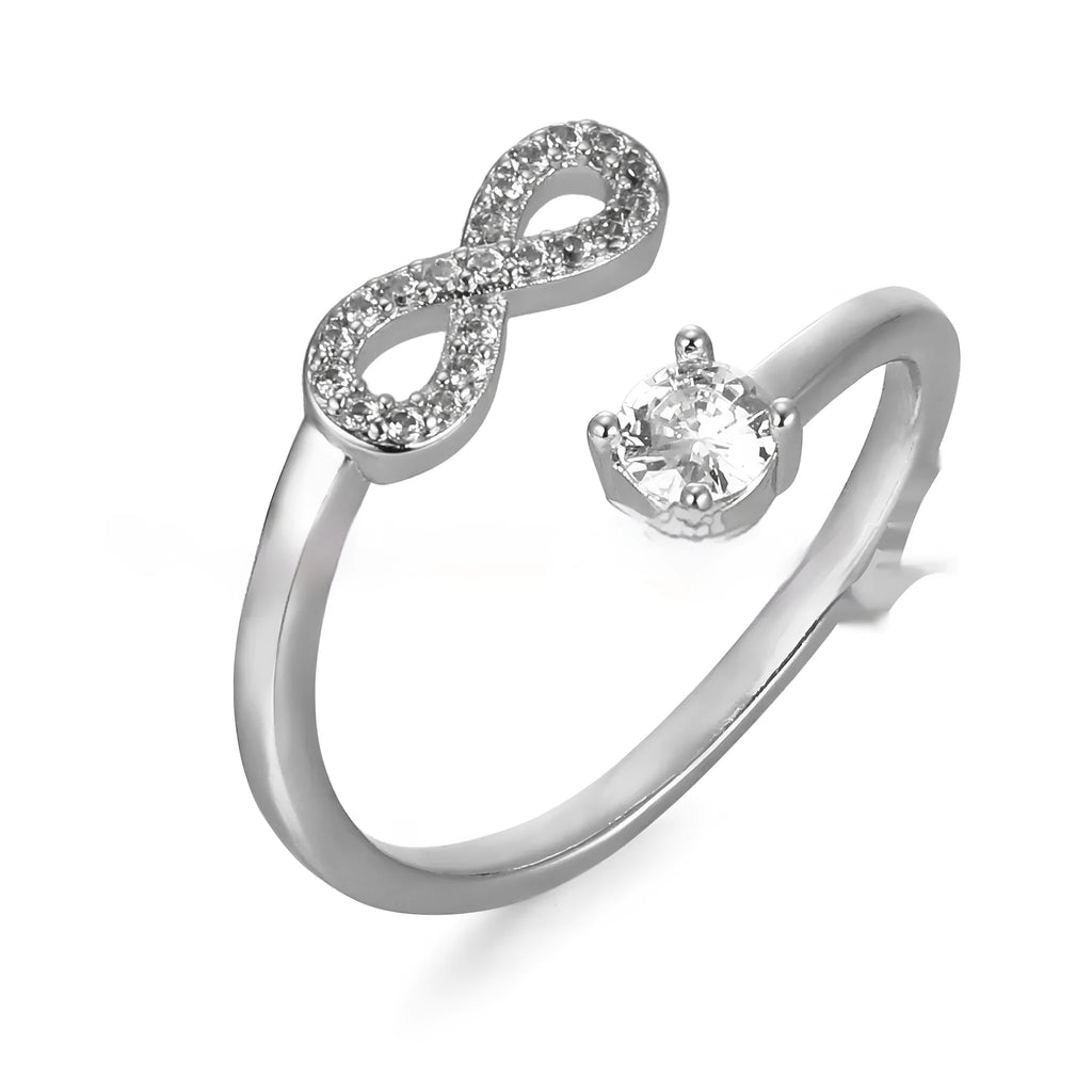 Geometric open zircon ring with letter decoration in gold, rose gold or silver metal