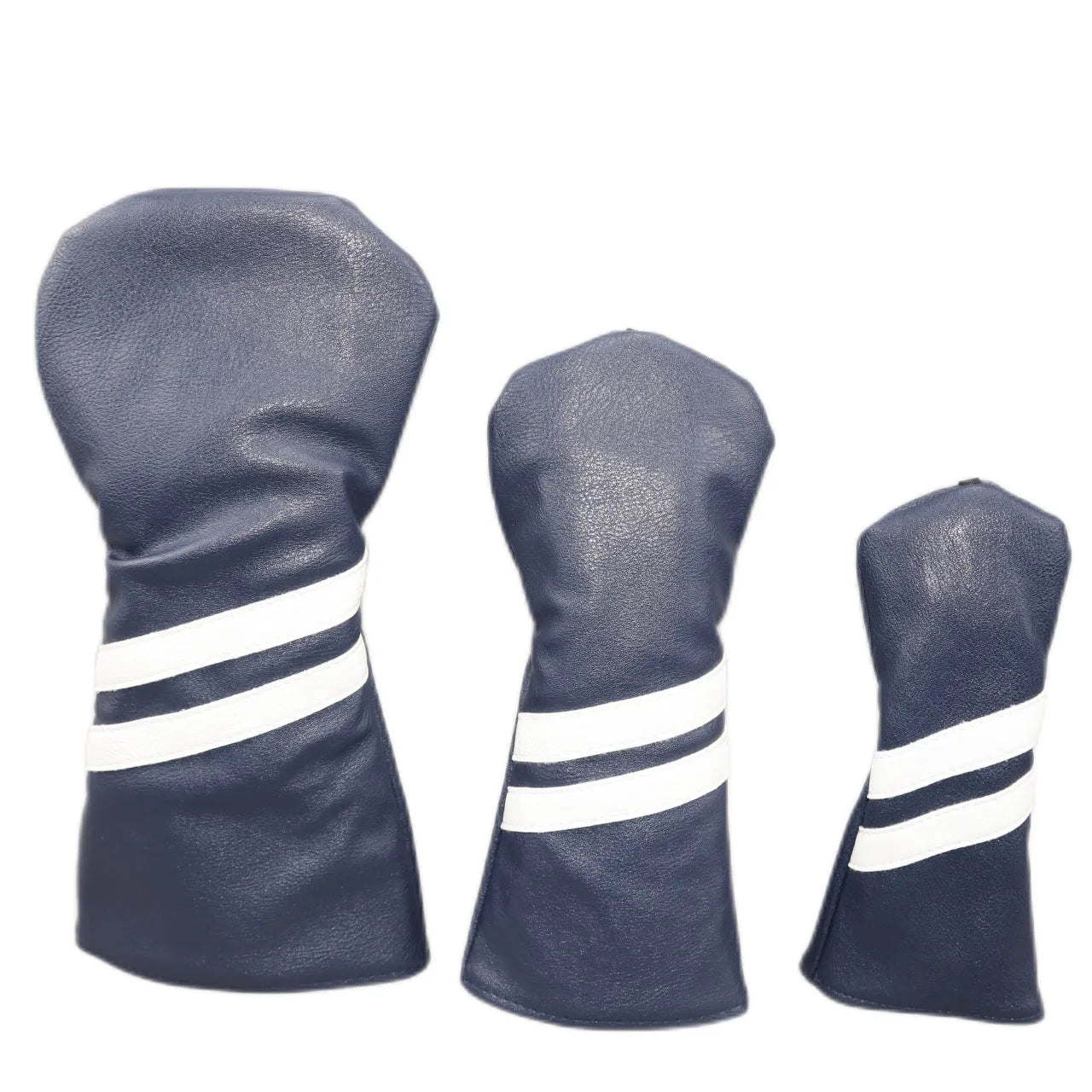 Golf club head cover with diagonal stripes in blue, showing stretchable pu construction