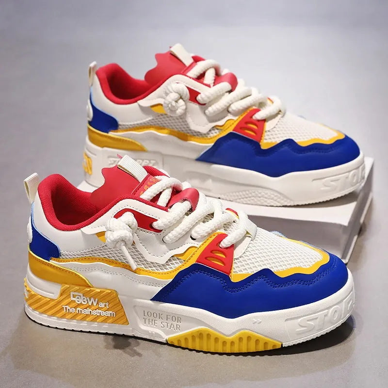 Men's low-top white board shoes with soft rubber sole in beige, white and black, and white and yellow colour options.