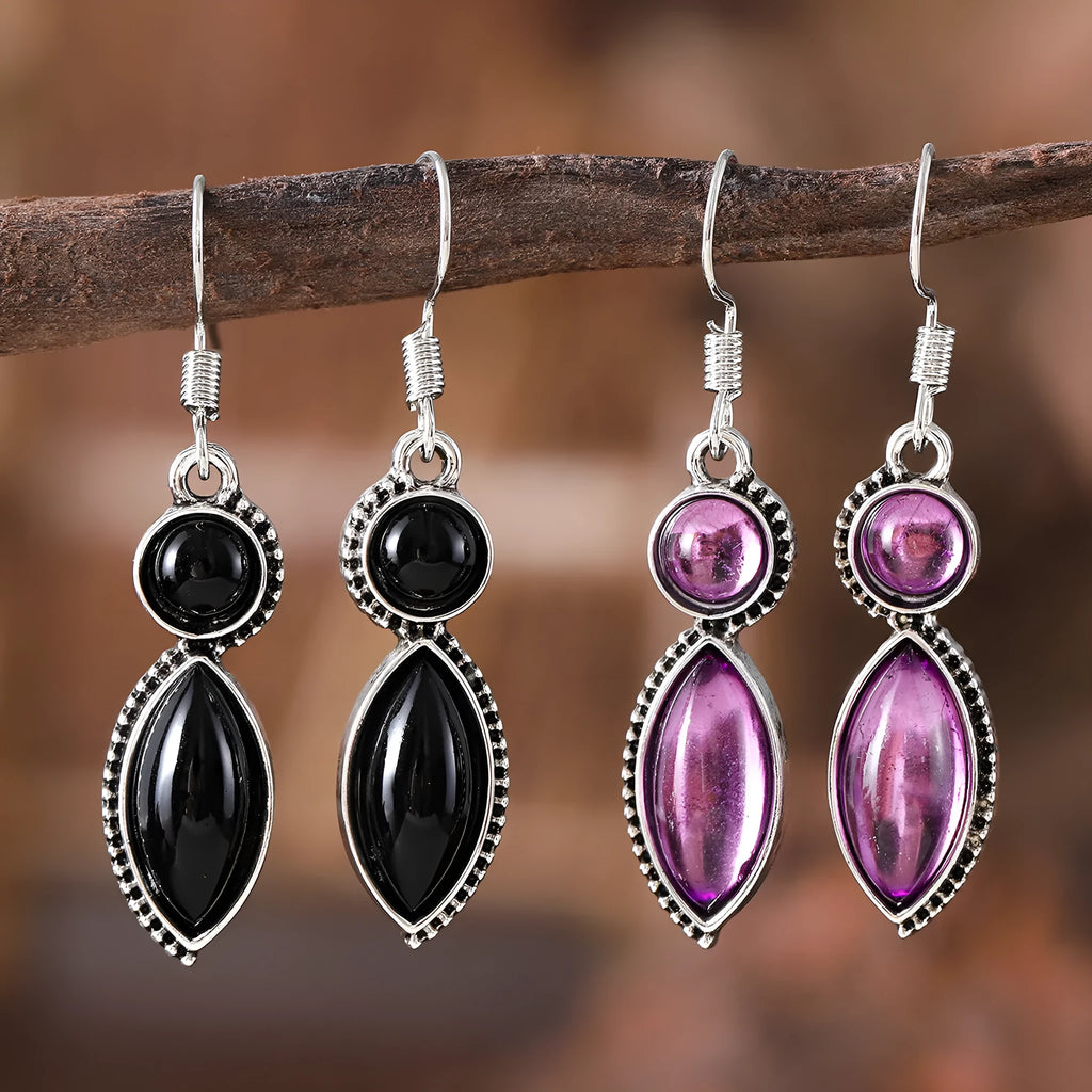 Black and purple geometric vintage gemstone pendant earrings with zinc alloy construction