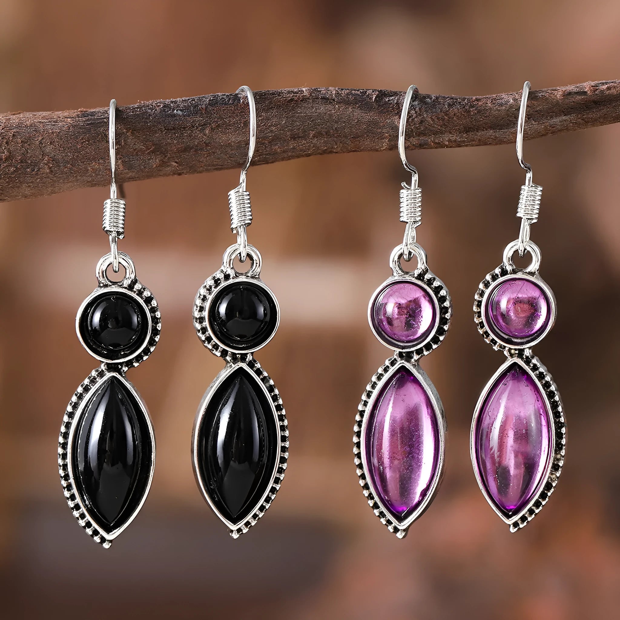 Black and purple geometric vintage gemstone pendant earrings with zinc alloy construction