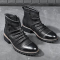 Mid-height black cowboy boots with side zipper, round toe, and horseshoe rubber heel