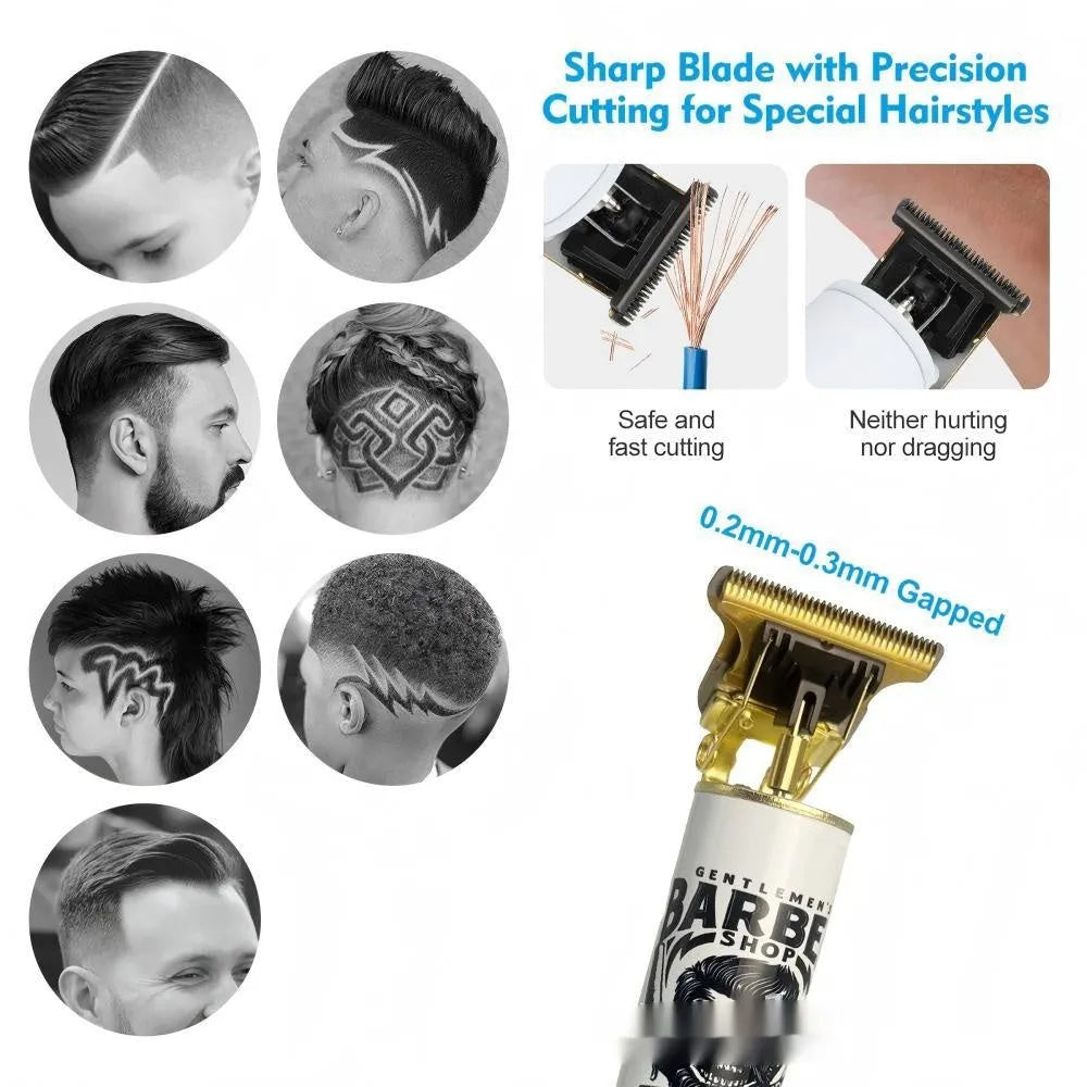 Rechargeable hair clipper with stainless steel cutter head and 4-in-1 attachment kit on a white background.