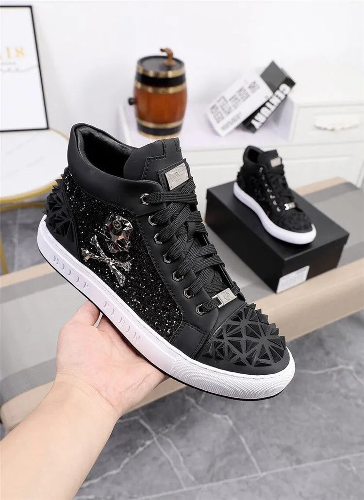 Men's black leather skeleton high-top shoes with lace-up front and rubber sole.