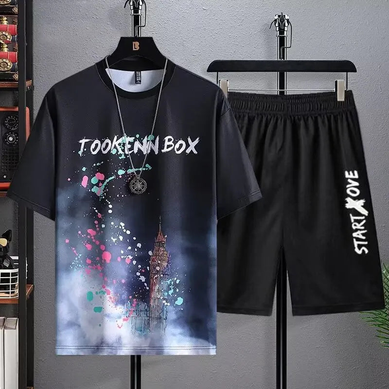 Men's lightweight polyester summer shorts suit set in a colour option, showing short sleeve T-shirt and matching shorts.