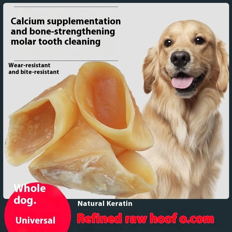 Natural cowhide dog chew in hoof shell colour for small and large dog breeds