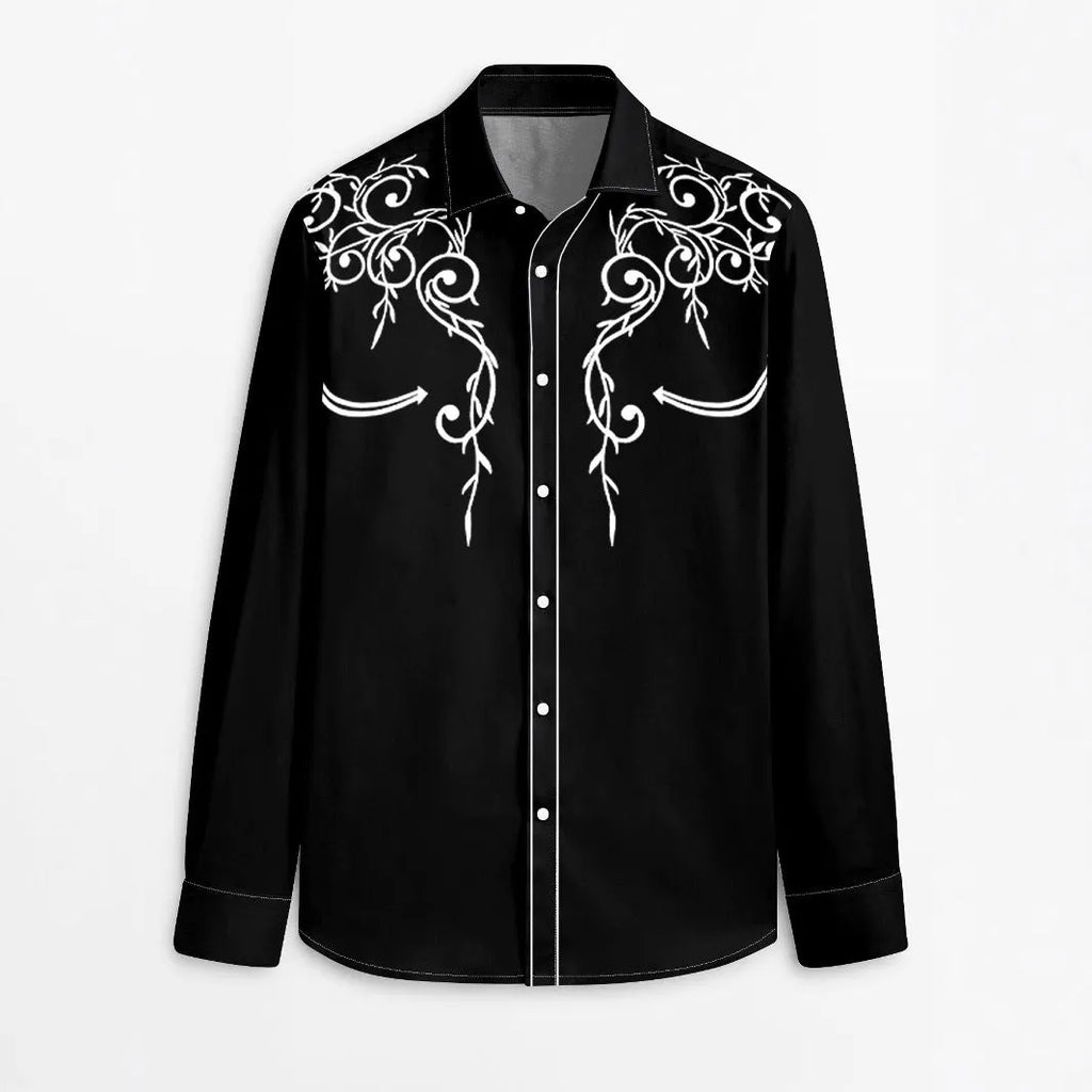 Men's long sleeve cardigan shirt with national style digital print, four-sided elastic fabric, loose fit