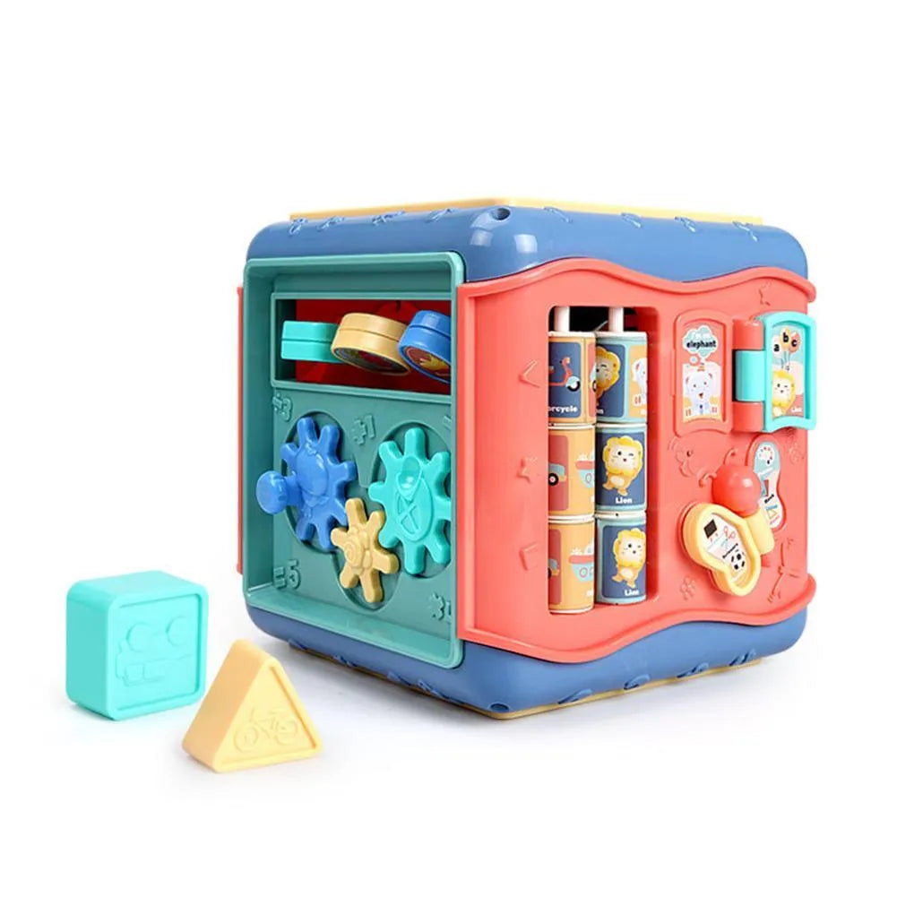 Colourful six-sided Montessori educational toy cube with bead maze, gears, and shape sorting activities