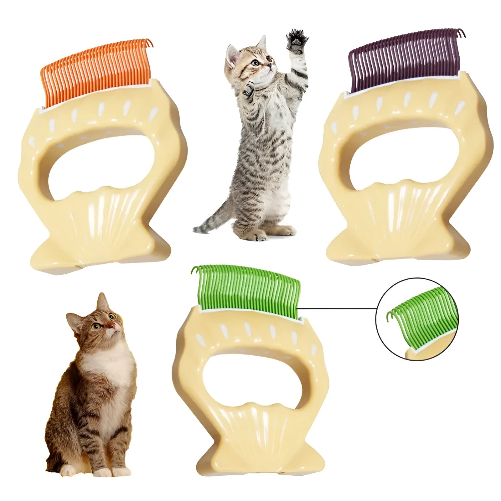 Green shell-shaped pet grooming comb with bent wire bristles and a plastic handle.