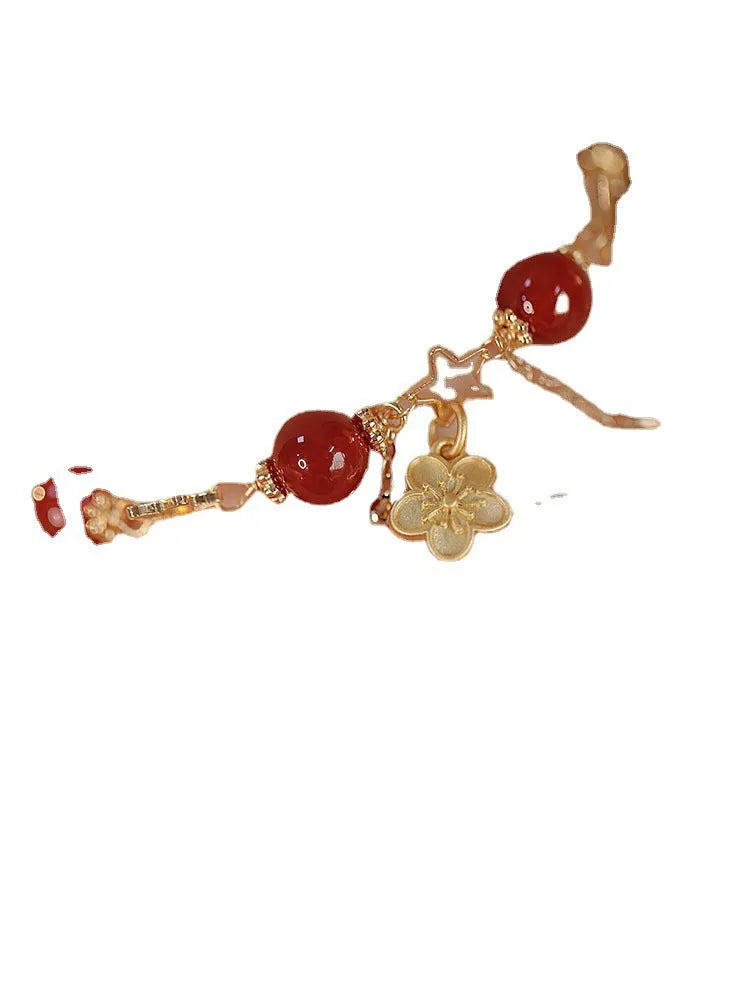 Natural red agate double layer bracelet with floral peach blossom design for women