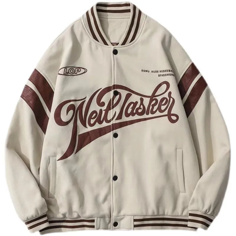 Unisex loose-fit baseball jacket with stand-up collar in colour-block design, 95% polyester, available in black khaki lake blue