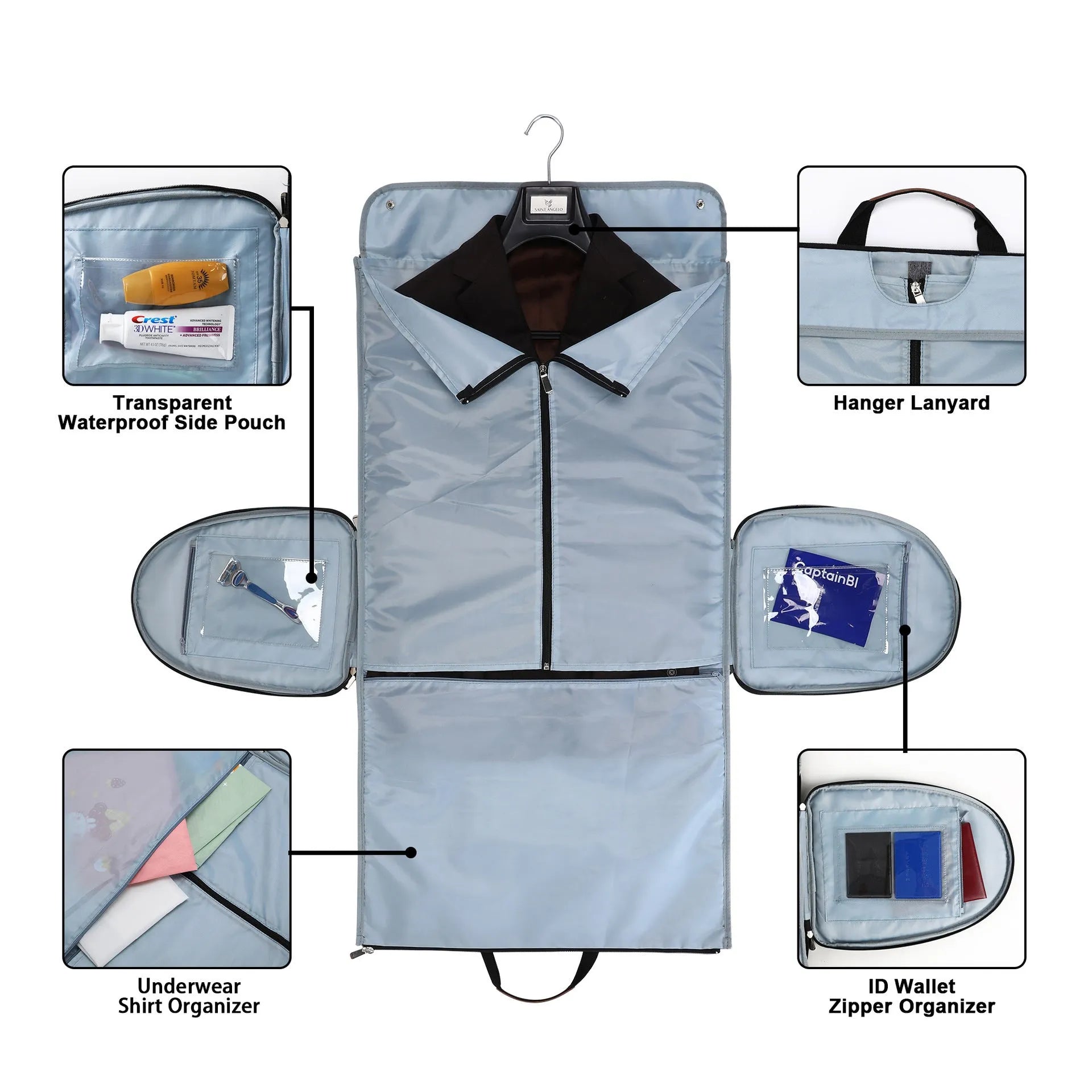 Dark blue folding duffel bag with luggage straps showing 36-55L capacity for business travel