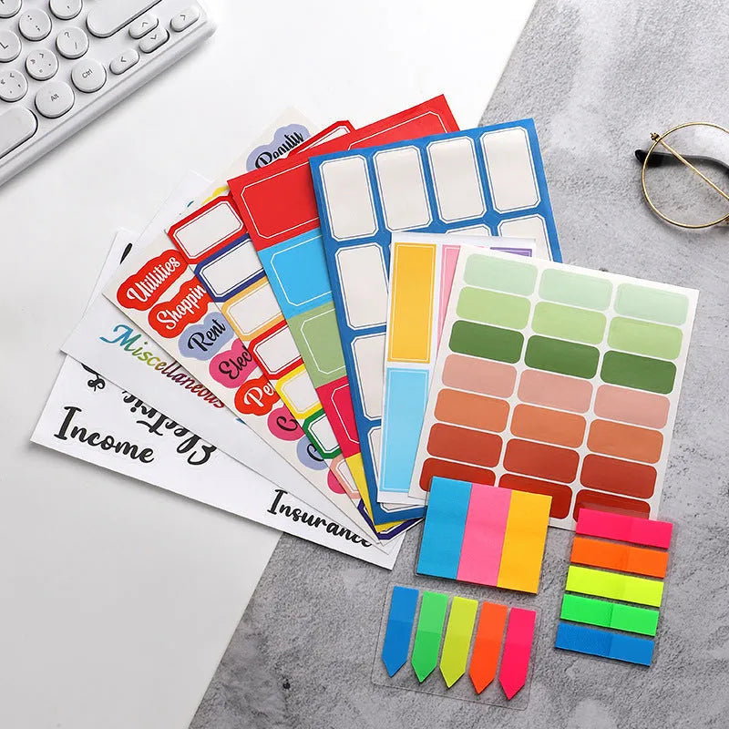 Handwritten label adhesive stickers showing colour grids with A6 rulers and sticky notes