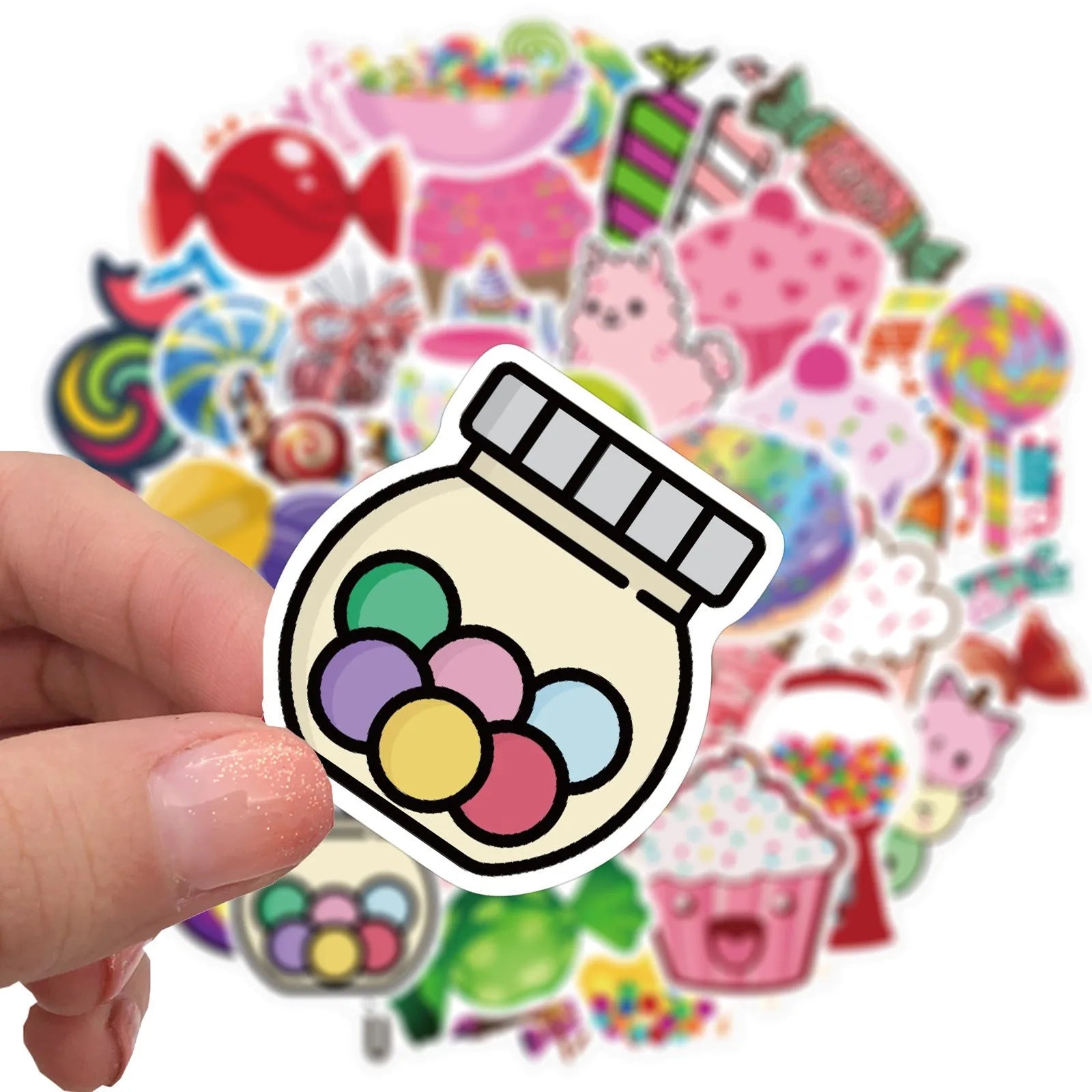 Pack of 50 colourful candy graffiti cartoon stickers measuring 4-6cm