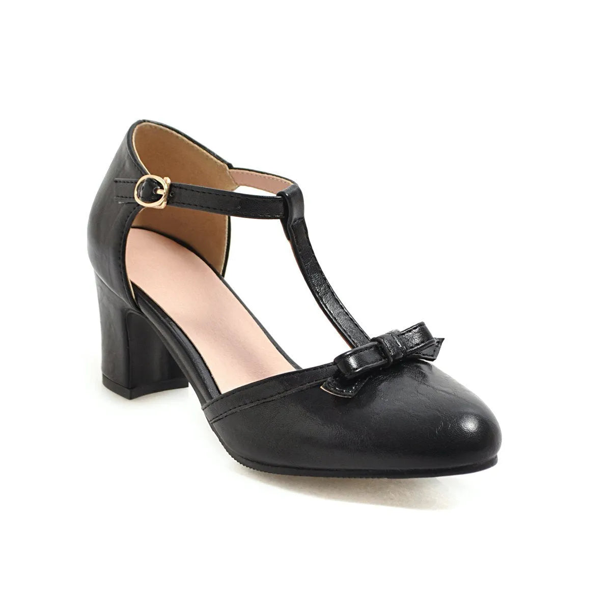 Women's chunky heel sandals with bow tie detail and adjustable buckle strap in apricot colour