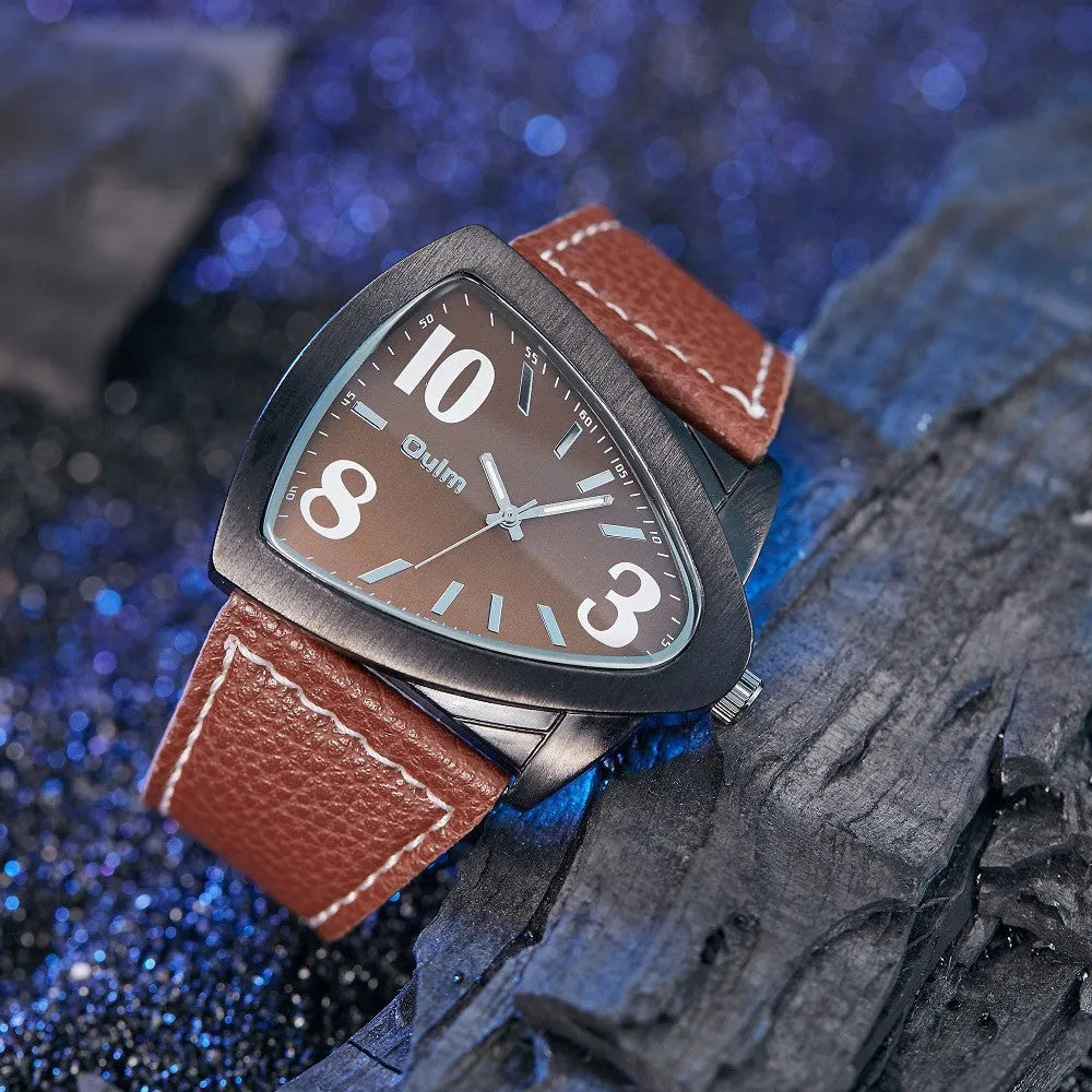 Men's slim casual quartz wristwatch with triangle belt in brown, black, or blue colour.