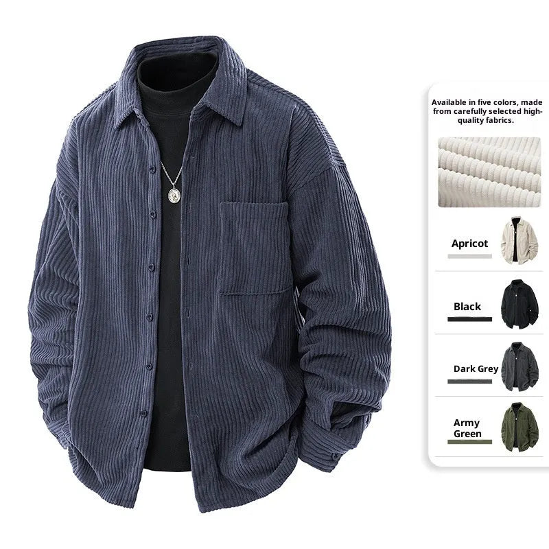 Men's corduroy shirt collar fake two-piece coat in black, front view, long sleeves, straight hem, button front