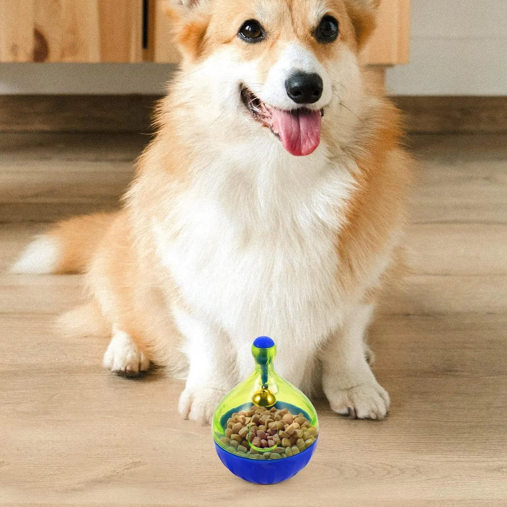 Durable interactive tumbler treat dispenser toy for small dogs and cats.