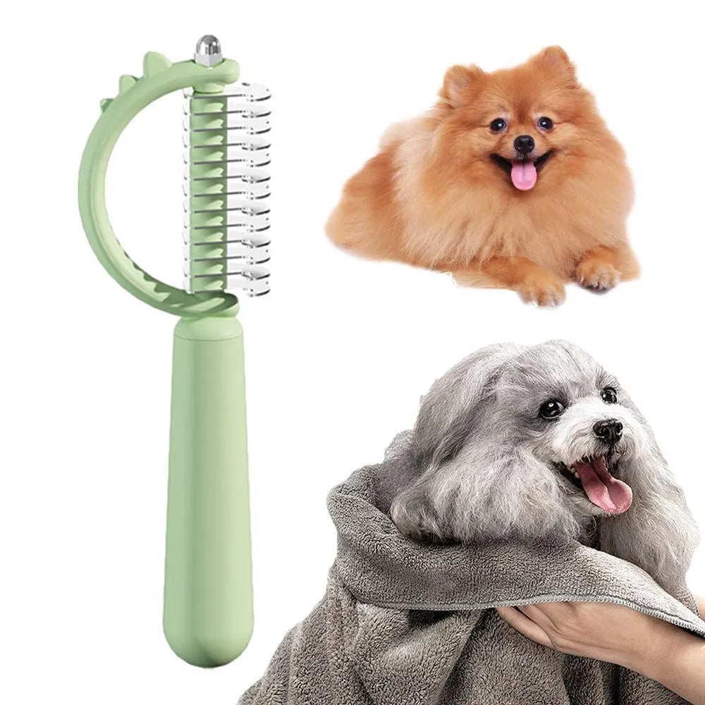 Dinosaur-shaped self-cleaning cat brush with double-sided grooming functions in blue colour