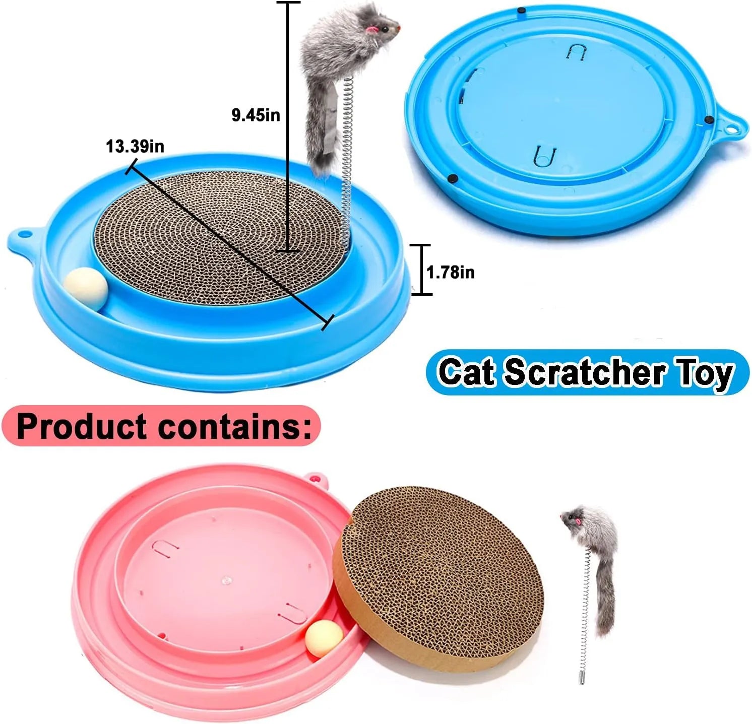 Blue interactive cat scratcher toy with ball track and replaceable scratch pad, 40cm diameter