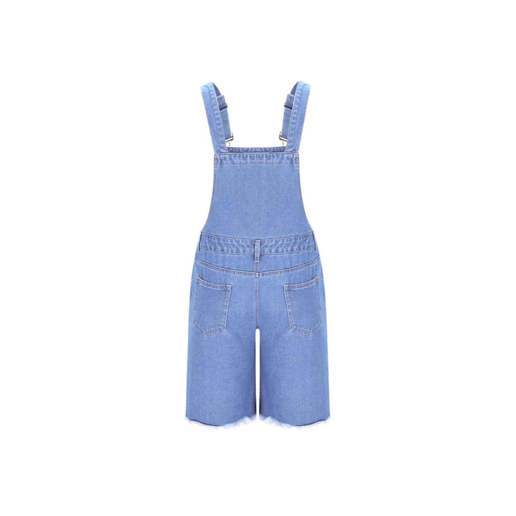 Men's ripped denim suspender shorts in straight-leg style with cotton fabric