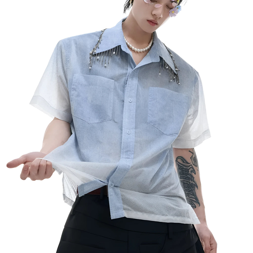 Men's blue and white gradient colour loose fit shirt with quilted pattern and short sleeves