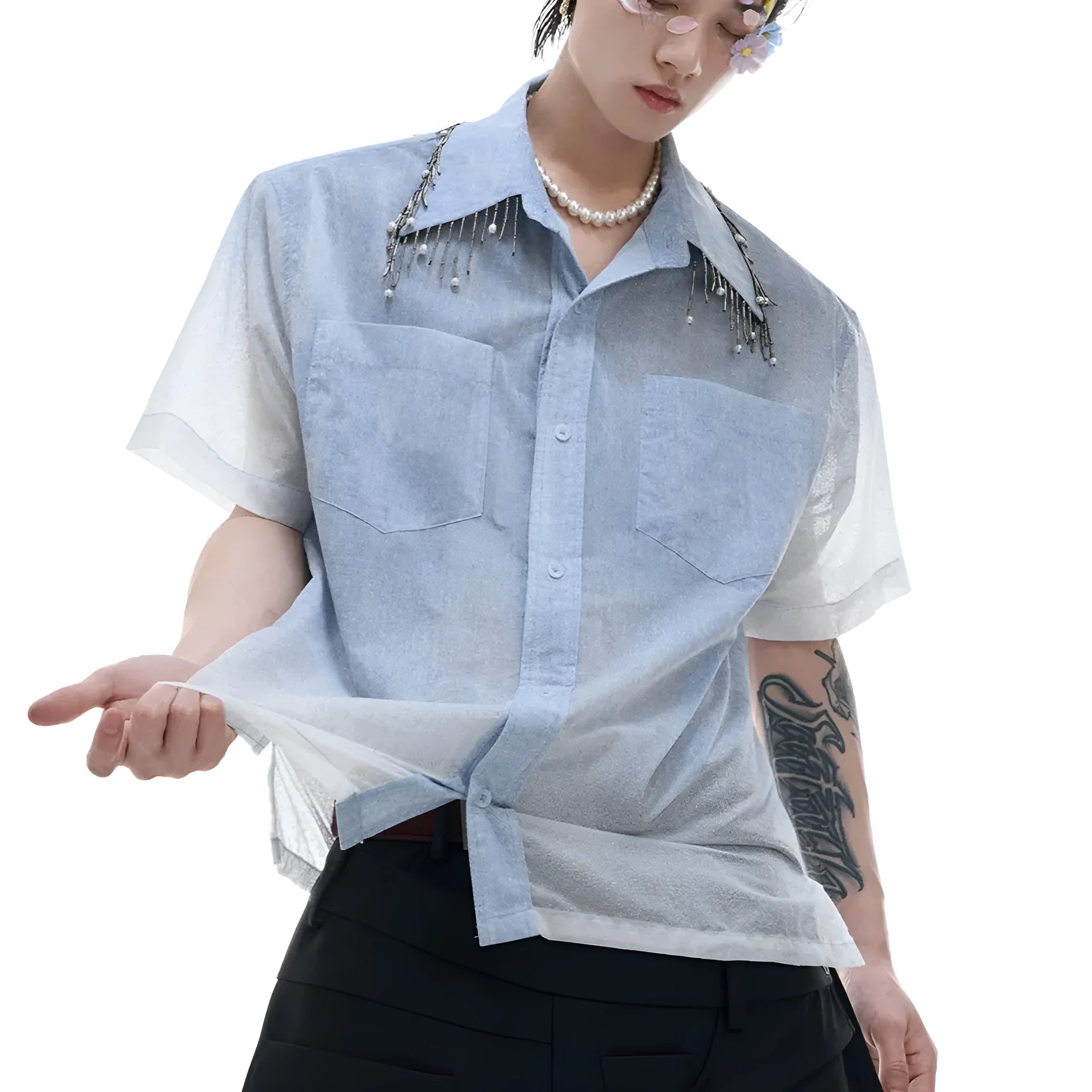 Men's blue and white gradient colour loose fit shirt with quilted pattern and short sleeves